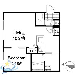 札幌市営東西線 バスセンター前駅 徒歩10分の賃貸マンション 2階1LDKの間取り