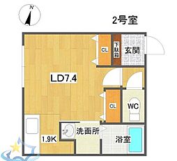 札幌市営東西線 バスセンター前駅 徒歩3分の賃貸マンション 2階1Kの間取り