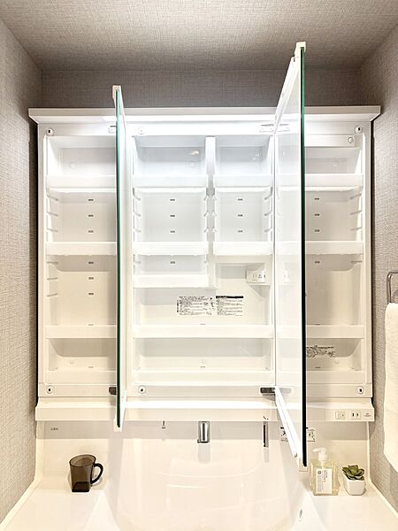三面鏡の裏に、化粧品や衛生用品などを収納可能。洗面台をすっきりと保ちます！