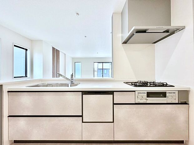 食洗機・浄水器・3ツ口コンロなどデザイン性も機能性も兼ね備えたシステムキッチン!