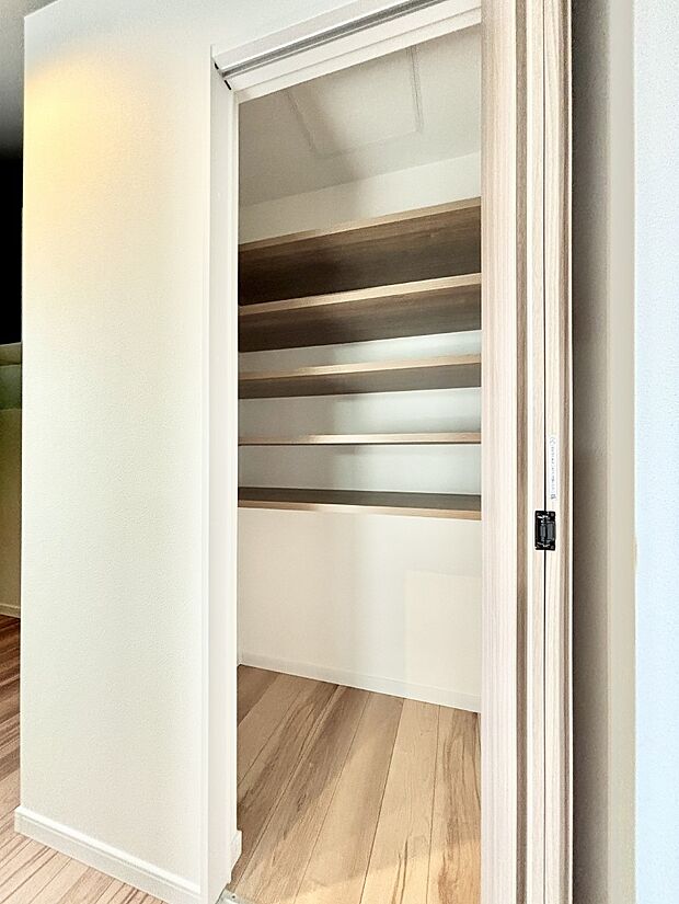 食品のストックや調理器具の保管に便利な可動棚付きパントリー