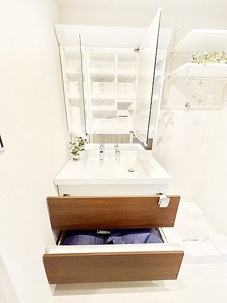 三面鏡の裏に、化粧品や衛生用品などを収納可能。洗面台をすっきりと保ちます！