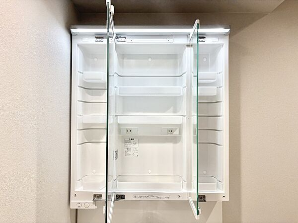 三面鏡の裏に、化粧品や衛生用品などを収納可能。洗面台をすっきりと保ちます！