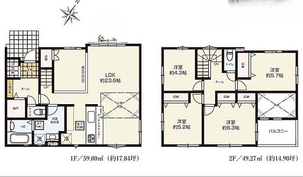 吹抜け有りのLDKは23.6帖の広々空間♪土間収納や納戸等，暮らしに優しい間取りです♪