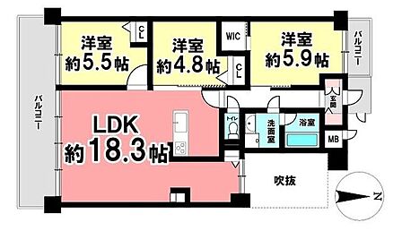 約18.3帖の大空間LDKを備えた3LDKの間取りプラン。両面にバルコニーを配置した通風・採光に優れた設計です。WICをはじめ各室に収納を備え、住空間をすっきり保てる機能的な動線が魅力です。