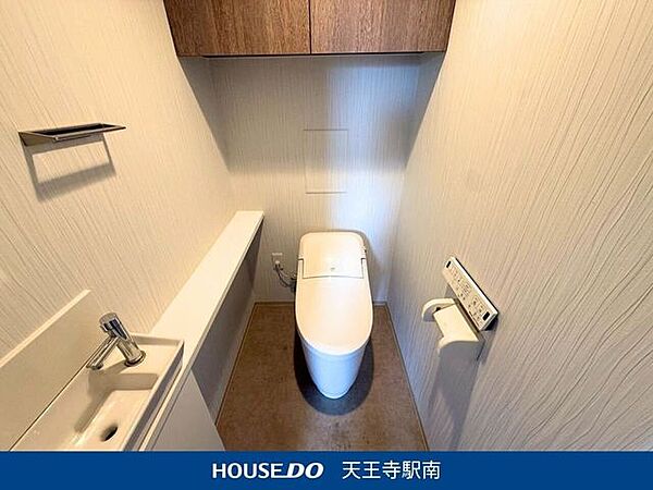 ＜トイレ＞カウンターや手洗いもある快適なトイレ空間。上部には収納スペースも完備されています。