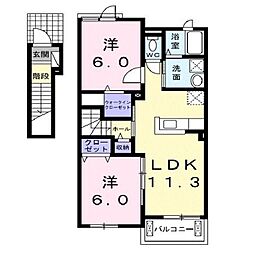 JR福塩線 道上駅 徒歩5分の賃貸アパート 2階2LDKの間取り