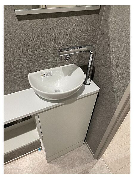 トイレ内に設置されたコンパクトな手洗い器です！用を足した後にその場ですぐ手を洗えて非常に衛生的な設計となっています♪下部には収納スペースや棚も備わっており備品を綺麗に整理できて大変便利です！