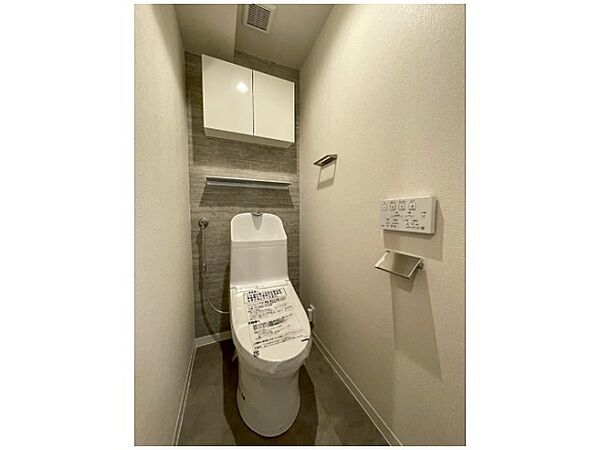清潔感のある温水洗浄機能付きのトイレです！上部には扉付きの吊戸棚があり、トイレットペーパーのストックや掃除用具を人目に触れず保管できます！壁面にリモコンが設置されており、操作もスムーズで快適です！
