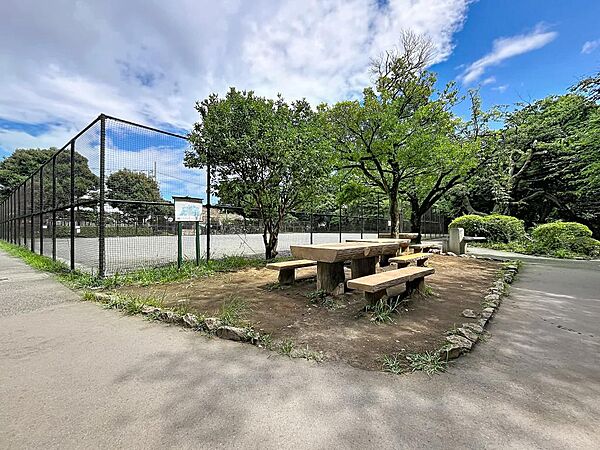 田園調布せせらぎ公園 豊かな樹木に囲まれた広場やベンチがあり、四季の移ろいを感じながらゆったり過ごせる憩いのスポットです。