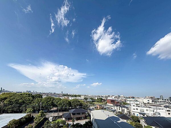 前面に高い建物がなく、見渡す限りの青空と豊かな緑が広がる開放的な眺望です。爽やかな風と陽光を日常的に感じられ、四季折々の風景を楽しみながらリラックスした時間を過ごせます。