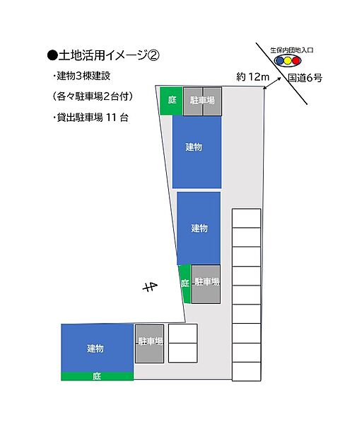 【様々な活用を模索できる包容力ある土地】奥に住宅建設可能★２９２坪・６号国道ロードサイド・路面付近に看板建てる余地有・月極駐車場・満車時２３台可・現８割稼働中・国道まで１２ｍ・近隣に市営住宅、工場有