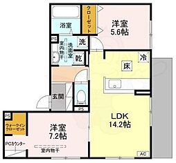 D-residence下田部B 1階2LDKの間取り