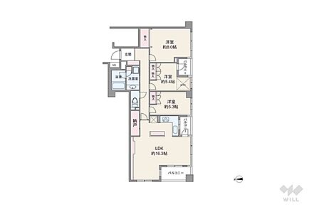 間取りは専有面積85.34平米の3LDK。バルコニー面積は8.8平米です。