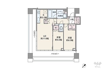 間取りは専有面積60.15平米の2LDK。バルコニー面積は28.98平米です。