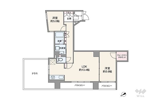 間取りは専有面積65.28平米の2LDK。広々としたテラスなどアウトドアスペースが充実したプラン。バルコニー面積は9.26平米、テラス面積は16.2平米あります。