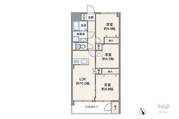 間取りは専有面積59.4平米の3LDK。全居室洋室仕様のプラン。LDK約10.0帖と洋室約4.8帖は続き間で、つなげて利用することも可能です。各個室とLDK、バルコニーに収納付き。