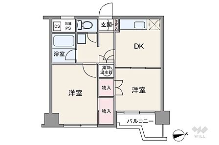 間取りは専有面積38.07平米の2DK。バルコニー面積は2.94平米です。