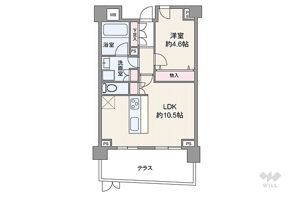 間取りは専有面積38.58平米の1LDK。LDK約10.5帖のプラン。テラス面積は12.2平米です。