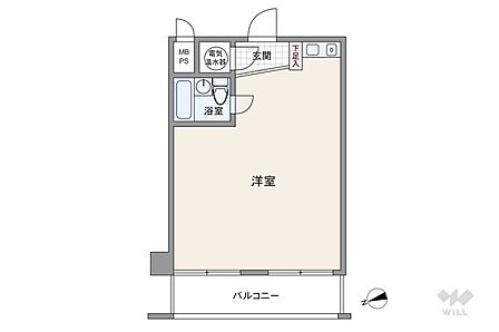 間取りは専有面積28.35平米の1R。バルコニー面積は5.4平米です。