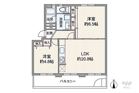 間取りは専有面積46.09平米の2LDK。バルコニー面積は10平米(概算)です。