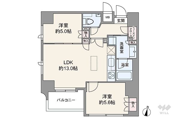間取りは専有面積55.83平米の2LDK。LDK約13.0帖のセンターリビングのプラン。バルコニー面積は45平米です。