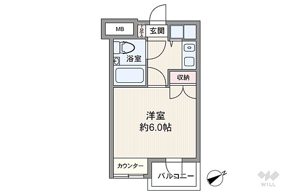 間取りは専有面積17.2平米の1K。バルコニー面積は1.8平米です。