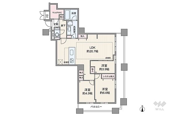間取りは専有面積81.42平米の3LDK。バルコニー面積は14.32平米です。