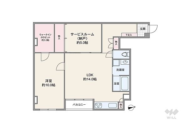 間取りは専有面積72.46平米の1SLDK。LDK約14.0帖のプラン。バルコニー面積は2平米（概算）です。