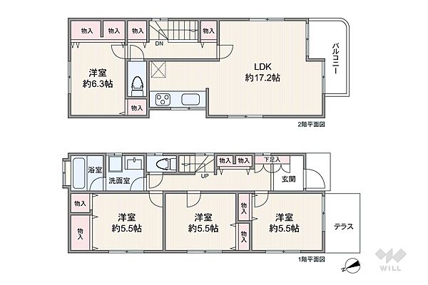 間取りは延床面積100.84平米の4LDK。約17.2帖の2階リビングプラン。各階にトイレあり。個室内だけでなく、廊下にも物入れが設置されているため、収納場所が充実しています。
