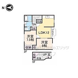 近鉄橿原線 笠縫駅 徒歩10分の賃貸アパート 2階2LDKの間取り