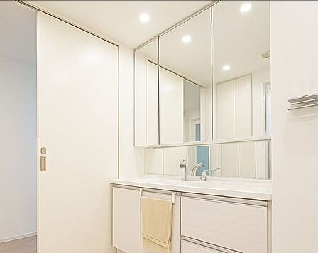 ※AI加工画像につき、現況と異なります。◆シャワー水栓の洗髪洗面化粧台◆3面鏡◆リネン庫