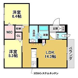 Ｖｏｒｔｅ ｇａｒｄｅｎ豊中　A棟 2階2LDKの間取り