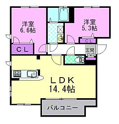 ハピネスタウンB 2LDKの間取図画像