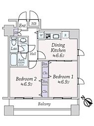 パークウェル京橋 2DKの間取り