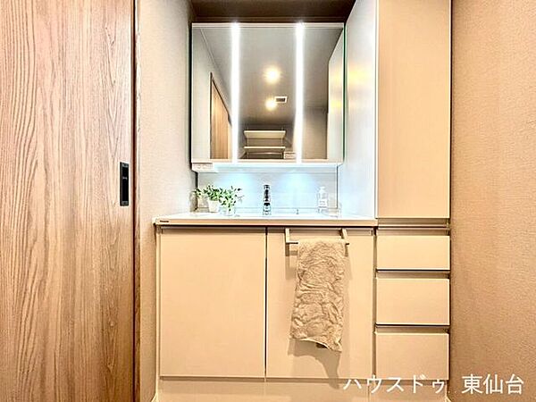 うれしい三面鏡♪細かいものが増えがちな水回りに豊富な収納がうれしいですね♪