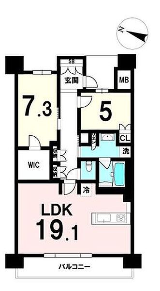 LDKに床暖房を備え、洋室は7.3帖と5.0帖の2部屋構成。キッチンは約3.6帖で使いやすい独立寄りレイアウト。バルコニー13.70m2と広く、12階のため眺望が開けています