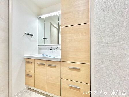 洗髪洗面化粧台で朝の支度がスムーズに進む機能的な洗面台。