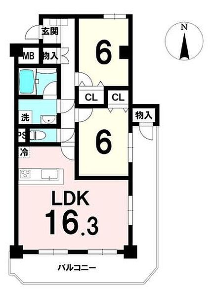 16.3帖のLDKを中心に、各洋室6帖を配置した使いやすい2LDK。2面バルコニーで採光・通風良好。収納も各所に確保され、日常動線がスムーズな間取り