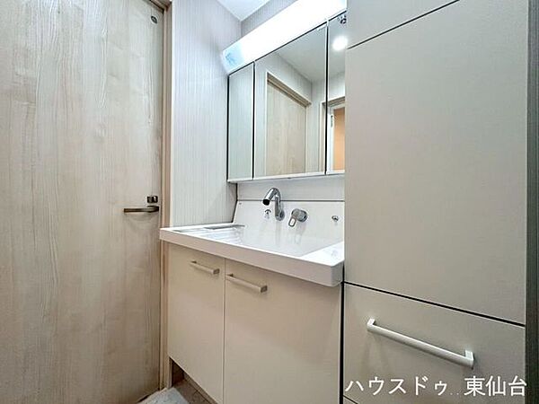 うれしい三面鏡♪細かいものが増えがちな水回りに豊富な収納がうれしいですね♪