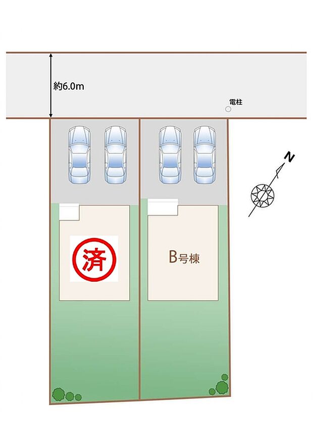 ~カースペース2台分確保~ ・各棟カースペースが2台分ございますので、車通勤の方にもお勧めのプランとなっております。 ・余裕の敷地で余裕のある新生活をお過ごしいただけます。