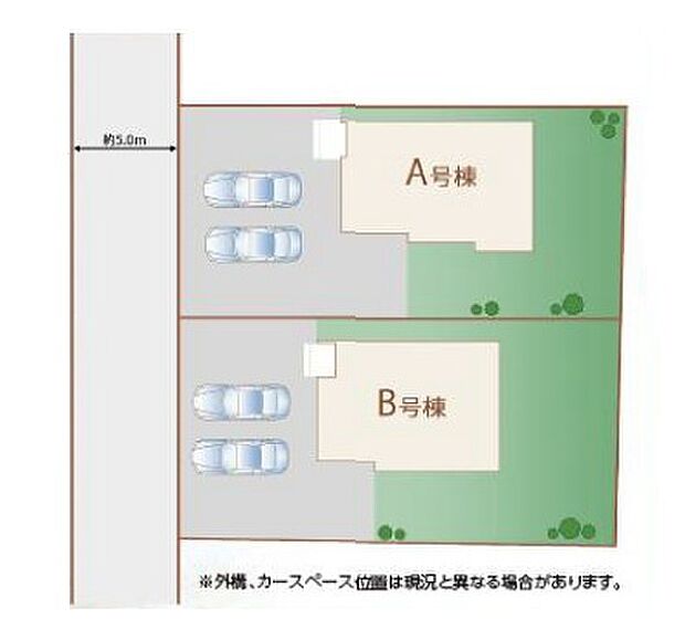 ～カースペース2台以上確保～ ・各棟カースペースが2台以上ございますので、車通勤の方にもお勧めのプランとなっております。 ・余裕の敷地で余裕のある新生活をお過ごしいただけます。 