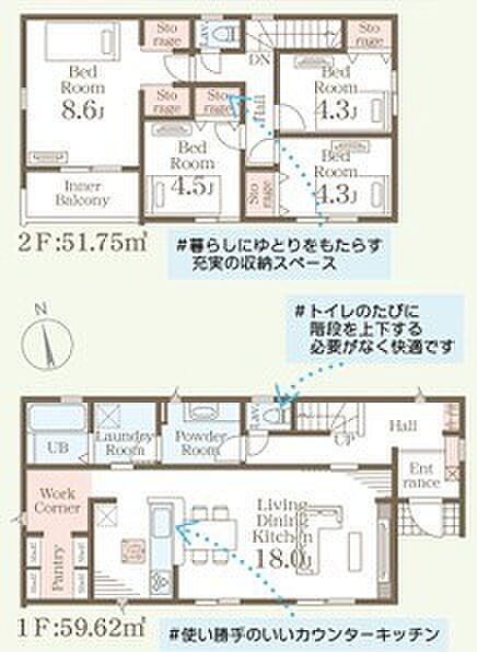 ～水周り集中プランを採用～ ・キッチン・洗面など水回りを集中させることで家事のしやすい間取。 ・日々の事なので家事導線もご見学の際にぜひチェックしてみてください。 