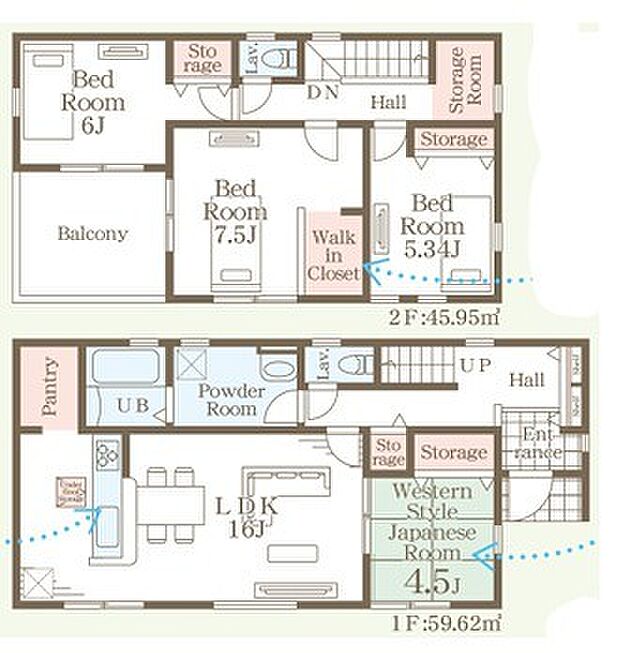 ～全居室南向きの間取り～ ・各居室が南向きなので穏やかな陽の入る陽当り良好な仕様。 ・明るい空間でくつろぎのお時間をお過ごしいただけます。 