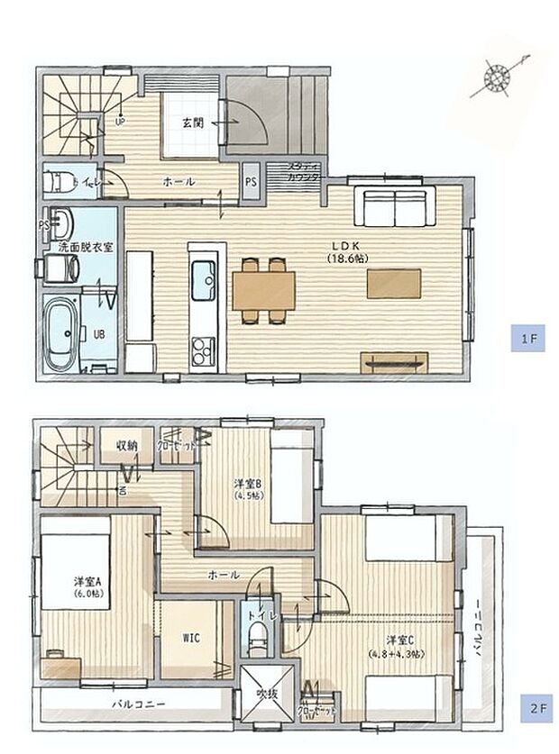 ~間取り変更も可能なプラン~ ・2階9.1帖の洋室は間仕切りを造る事で2部屋に分ける事が可能。 ・ご家族の状況に応じて部屋の数を変更できるプランです。