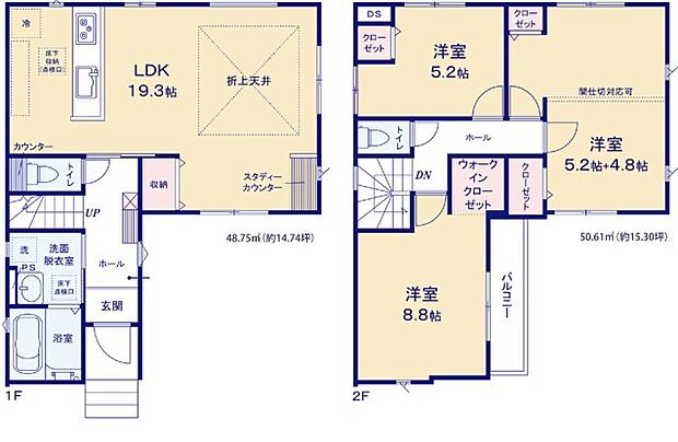 〜広々したＬＤＫを設けたプラン〜 ・ＬＤＫは何と19．3帖。ご家族で過ごす空間だからこそ、余裕のある広さでお過ごしくださいませ。 ・ご内覧の際は家具の配置などもイメージしてみてくださいね。 