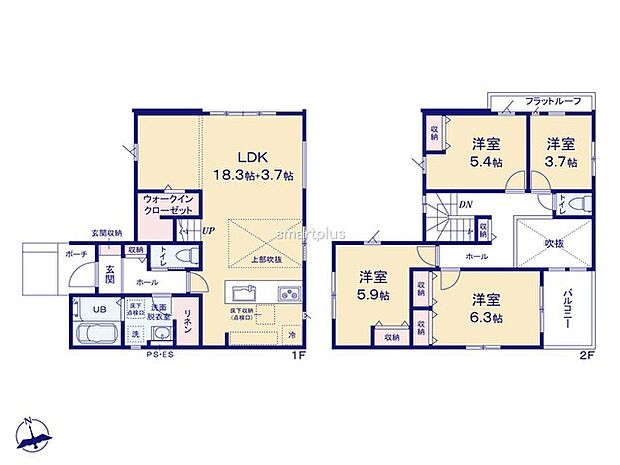 〜間取り変更も可能なプラン〜 ・1階22帖のＬＤＫは間仕切りを造る事で2部屋に分ける事が可能。 ・ご家族の状況に応じて部屋の数を変更できるプランです。 