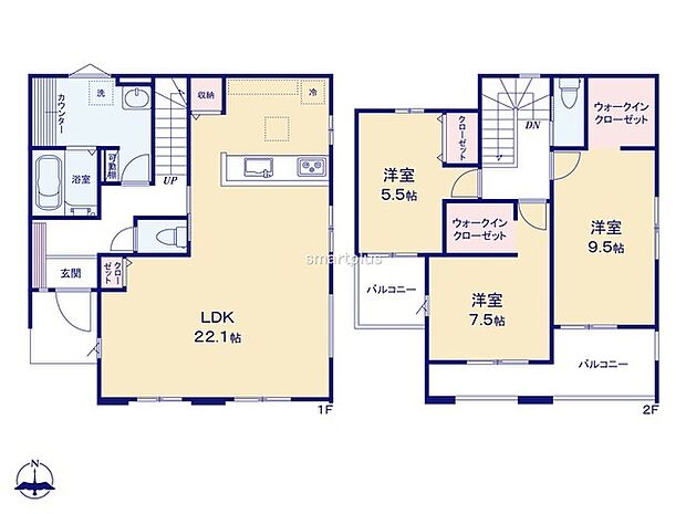 ～間取り変更も可能なプラン～ ・1階22.1帖のLDKは間仕切りを造る事で2部屋に分ける事が可能。 ・ご家族の状況に応じて部屋の数を変更できるプランです。 
