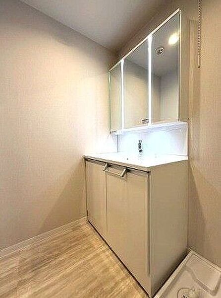 使い勝手の良い大きな鏡と収納を備えた洗面台。朝の身支度もスムーズに行え、清潔感を保ちやすい設計です。