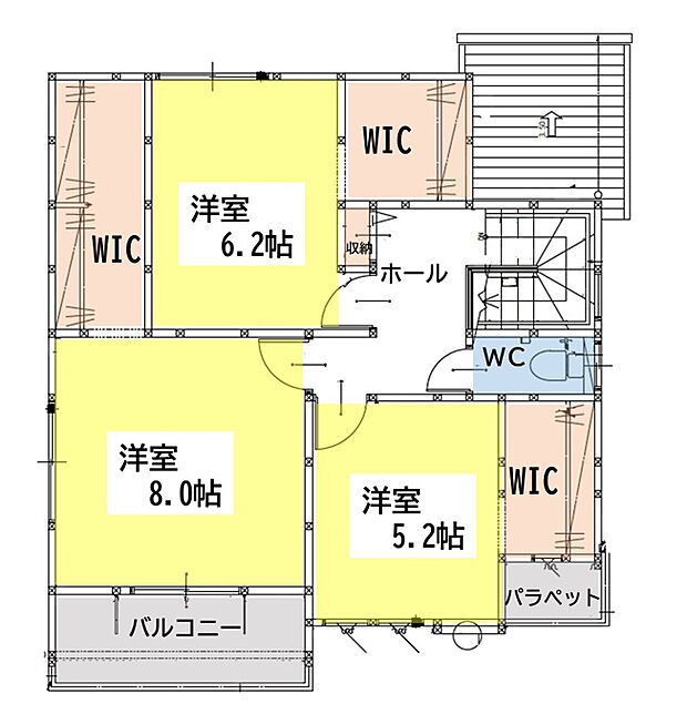 2階間取り。2階居室収納は全てウォークインクローゼットと収納豊富